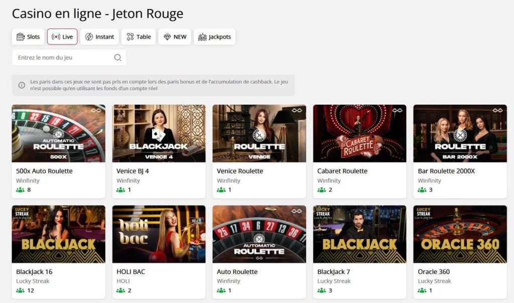 Jeton Rouge Casino jeux live