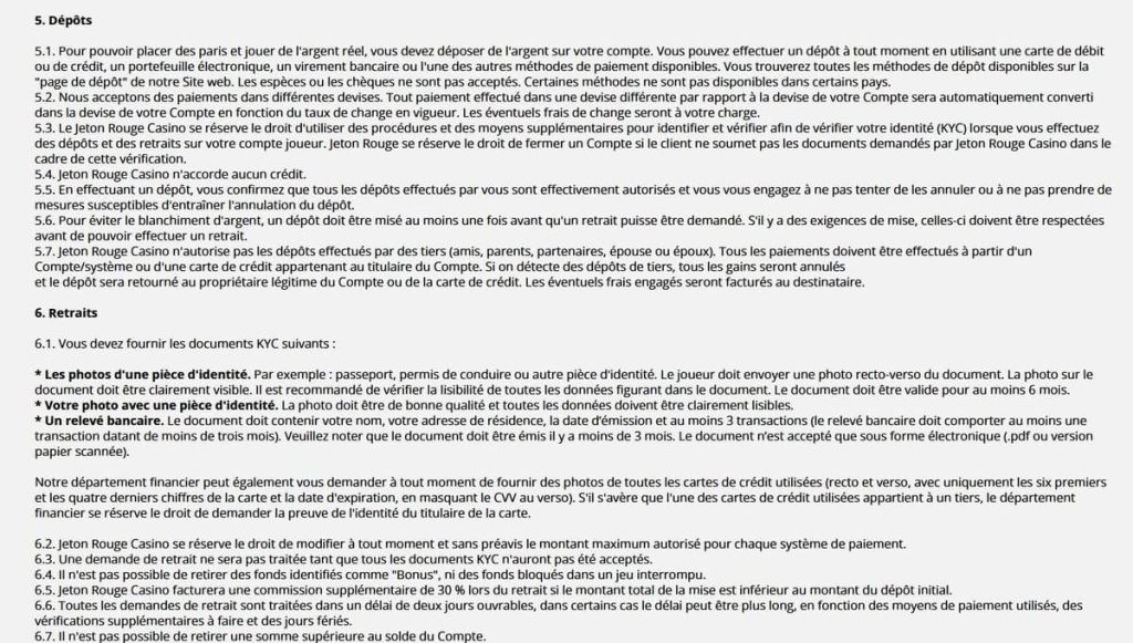 Jeton Rouge Casino moyens paiement
