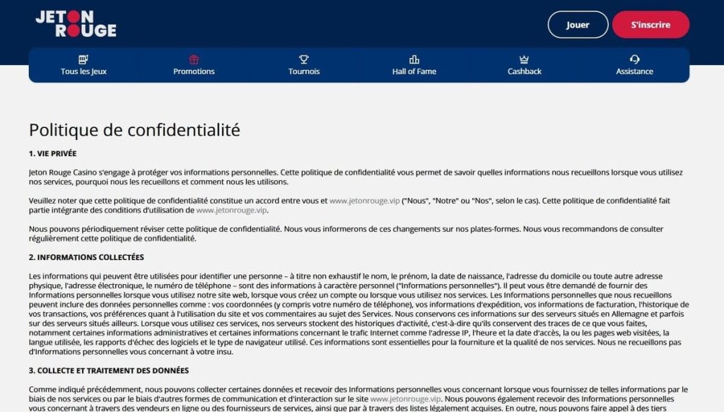 Jeton Rouge Casino politique confidentialité